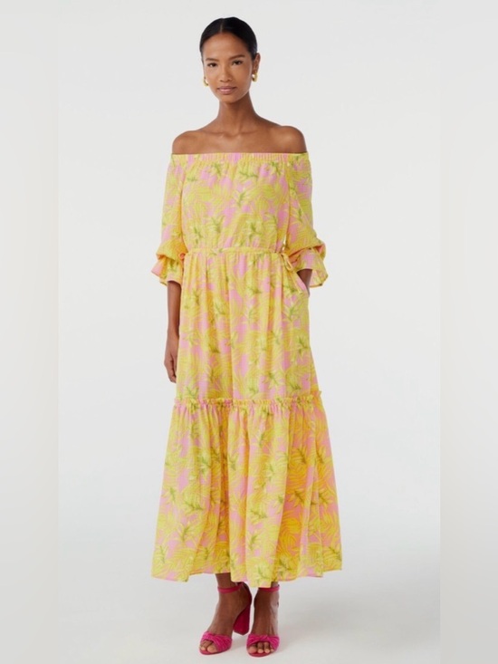 Scoop Dresses & Skirts - 🌸 Scoop Dress Women Size Large Pink Yellow Leaf Off Shoulder Maxi